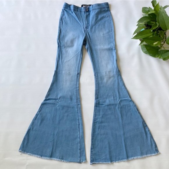Umgee | High Rise Fringe Hem Bell Bottom Stretch Denim Jeans Light Wash New 3 - Picture 3 of 14